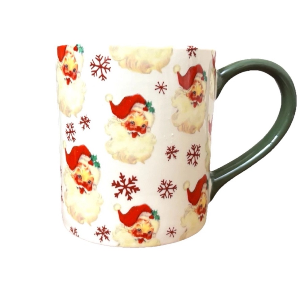 RETRO ROSY CHEEKED SANTA CLAUS MUG VINTAGE STYLE RED INTERIOR GREEN HANDLE 16.7